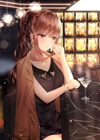 Anime girl sitting at a bar with a drink