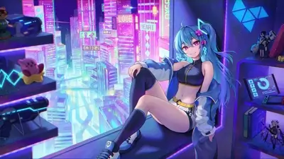 Anime girl sitting by a window overlooking a futuristic city