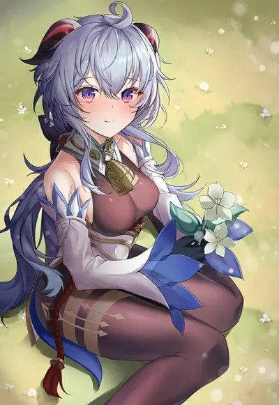 Anime girl sitting in a field of flowers