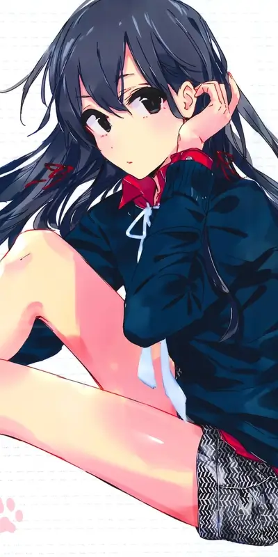Anime girl sitting, long dark hair, dark blue sweater