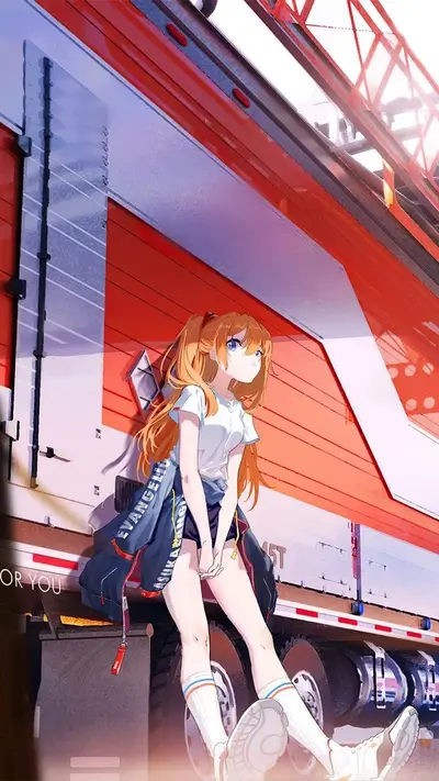 Anime girl sitting near a truck, wearing casual clothes, looking sideways