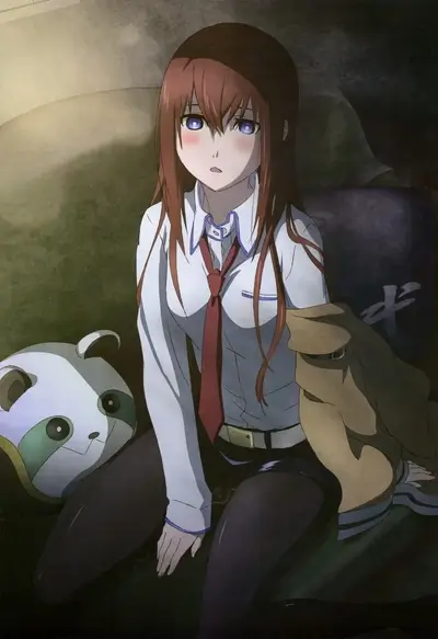 Anime girl sitting on a couch with a plush toy