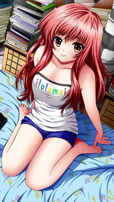 Anime girl sitting on bed, smiling sweetly with red hair and brown eyes