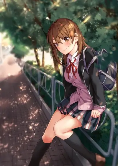 Anime girl sitting on railing in school uniform, smiling serenely