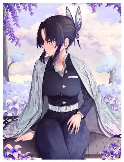 Anime girl sitting outdoors with butterfly hair accessory