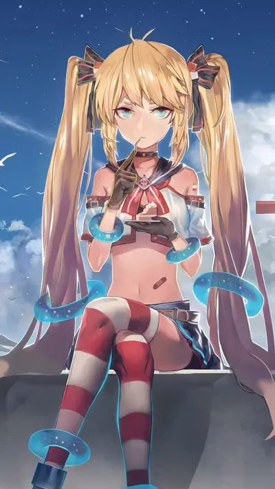 Anime girl sitting with dessert, pigtails, and red-and-white striped stockings