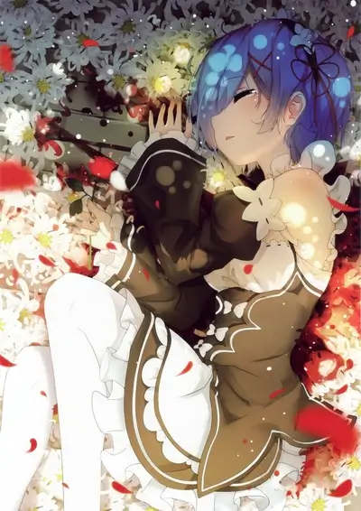 Anime girl sleeping amidst flowers