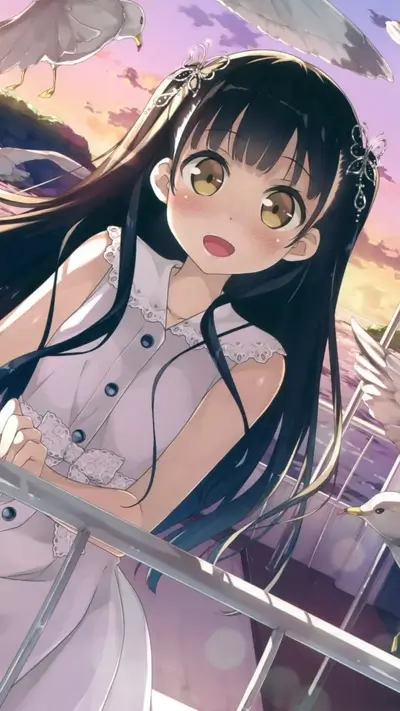 Anime girl smiles on deck, seagulls and lovely sky surround