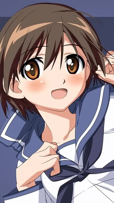 Anime girl smiling and posing, wearing a sailor uniform