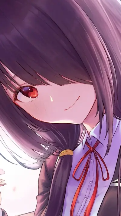 Anime girl smiling slightly with dark hair and red eyes
