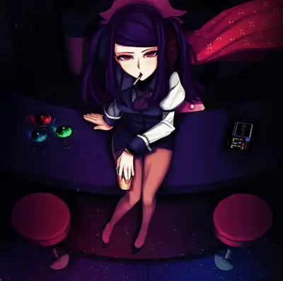 Anime girl smoking at a bar counter