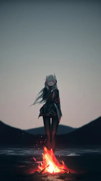 Anime girl standing near bonfire in dark, looking pensive and mysterious
