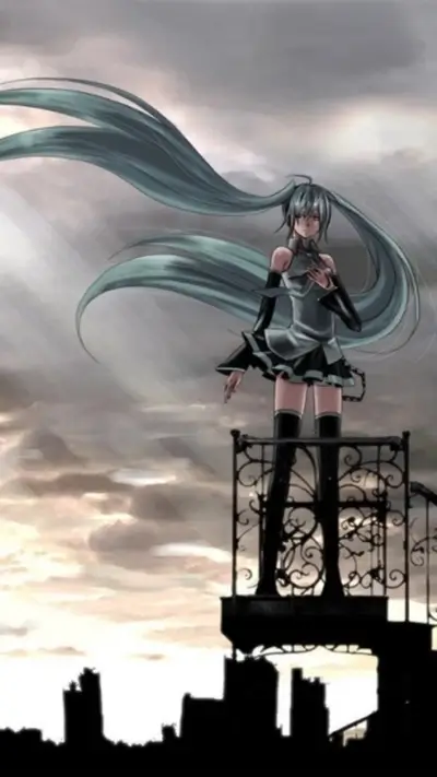 Anime girl standing on balcony, cityscape beneath cloudy sky