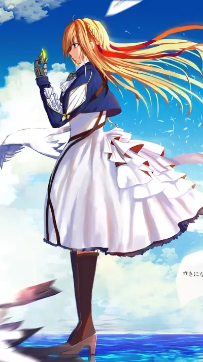 Anime girl standing on the water with letter in hand