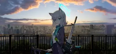 Anime girl stands against urban skyline at sunset, equipped.
