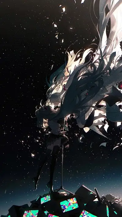 Anime girl stands on stacked monitors under starlit sky