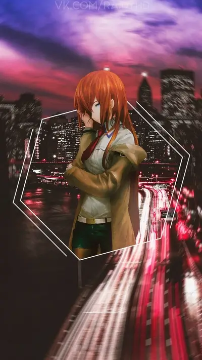 Anime girl stands pensively before blurred city landscape framed by geometric pattern