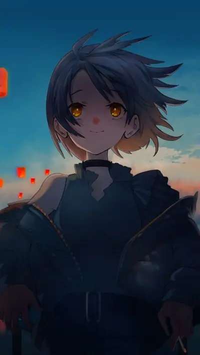 Anime girl stands with lanterns and a blue sky and clouds in the distance