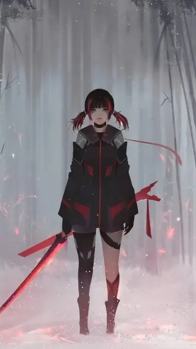 Anime girl stands with red sword in mysterious forest
