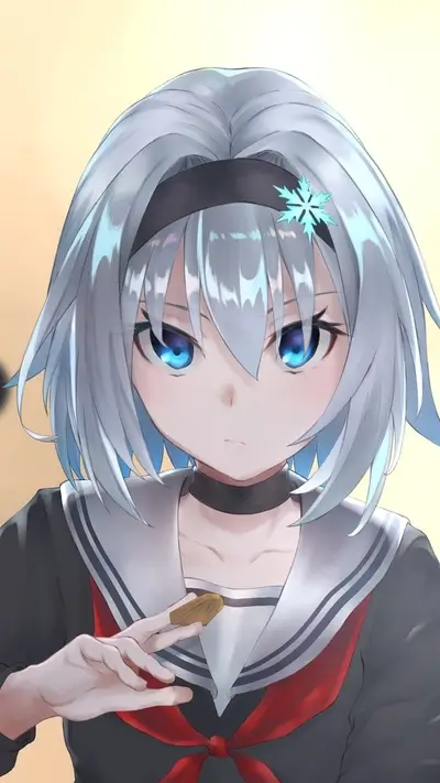 Anime girl staring, holding piece of food, wearing dark sailor uniform