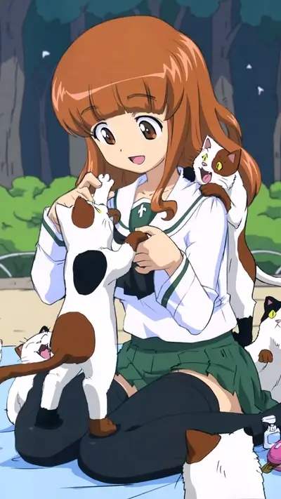 Anime girl surrounded by cats, sitting, playing