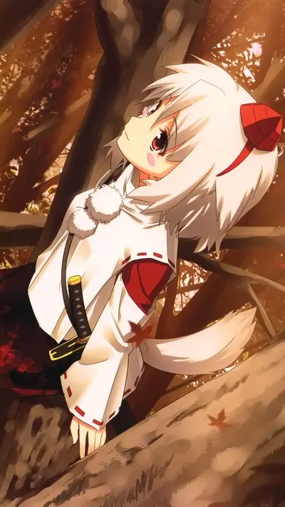 Anime girl surrounded by trees, has a sword, and appears to have wolf ears