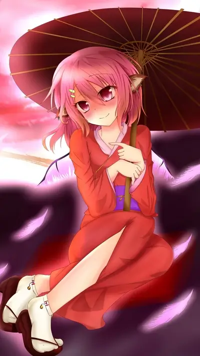 Anime girl under parasol, seated, pink, fox features