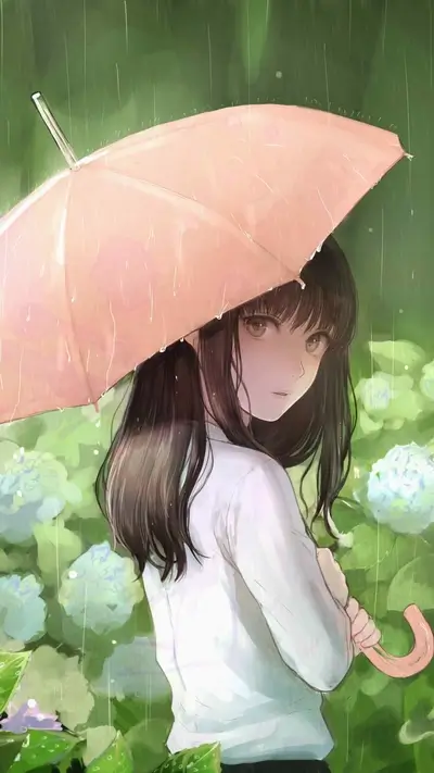 Anime girl under umbrella, standing in rain, surrounded by hydrangeas