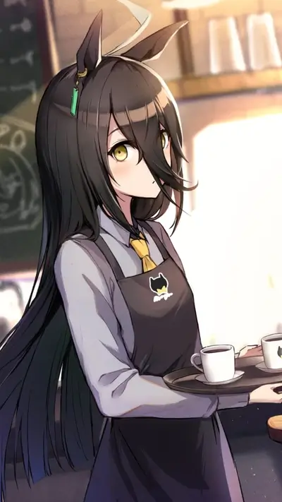Anime girl waitress serving coffee in a cafe