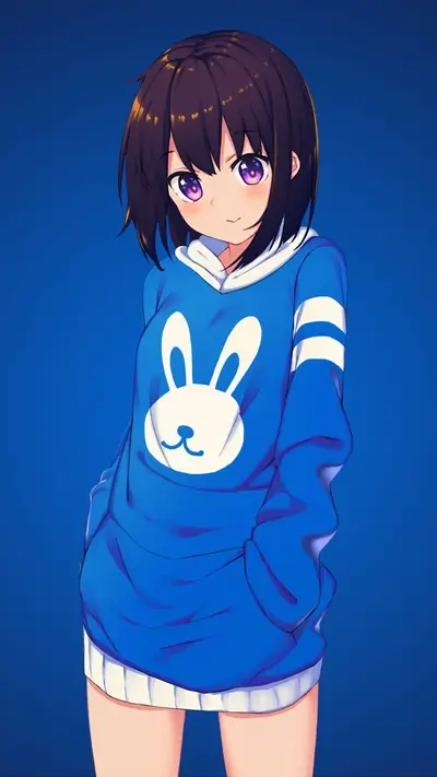 Anime girl wearing blue hoodie with rabbit design