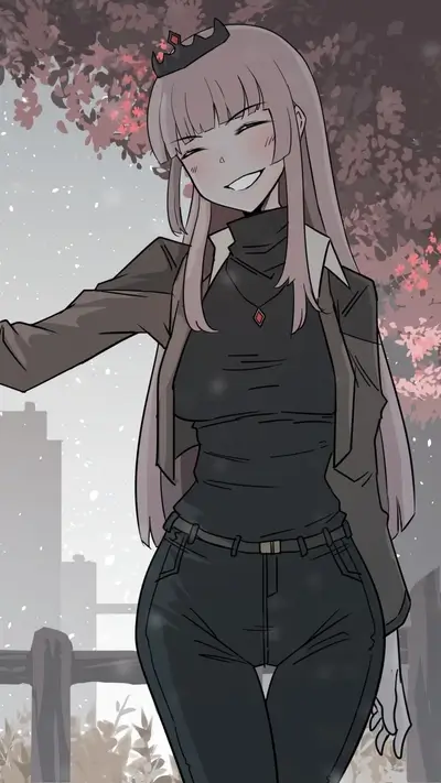 Anime girl wearing crown, jacket, and dark clothes with red pendant, smiling