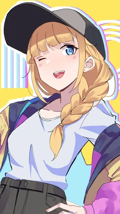 Anime girl wearing hat winking and smiling brightly with colorful background