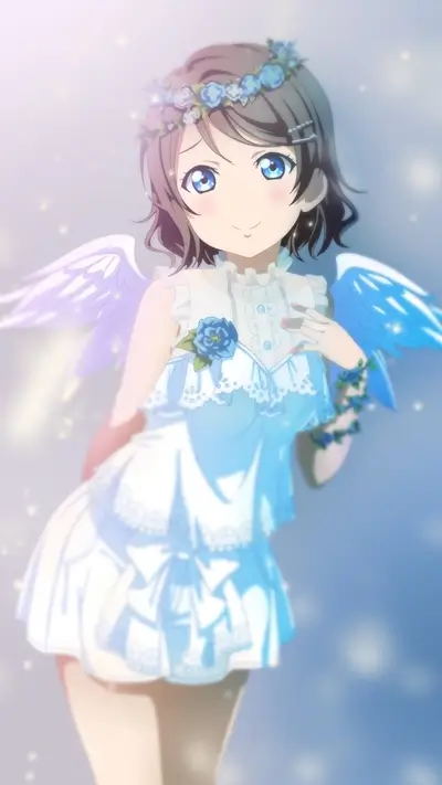 Anime girl wearing white dress, angel wings, flower crown, and blue accents.