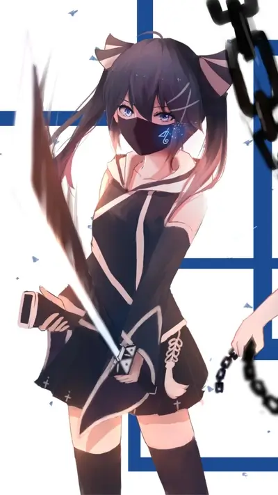 Anime girl wielding sword with chains, wearing a mask and uniform