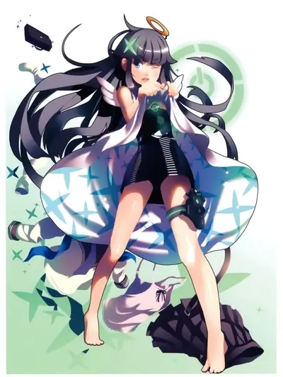 Anime girl winking with controller strapped, halo above, and cape