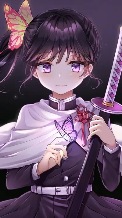 Anime girl with a butterfly and sword, captivating and serene.