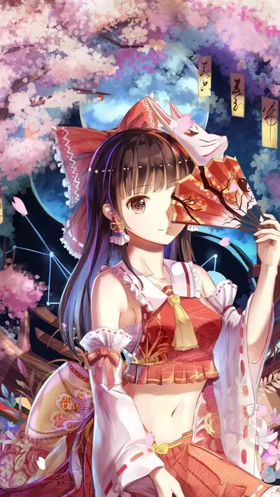 Anime girl with a fan and mask