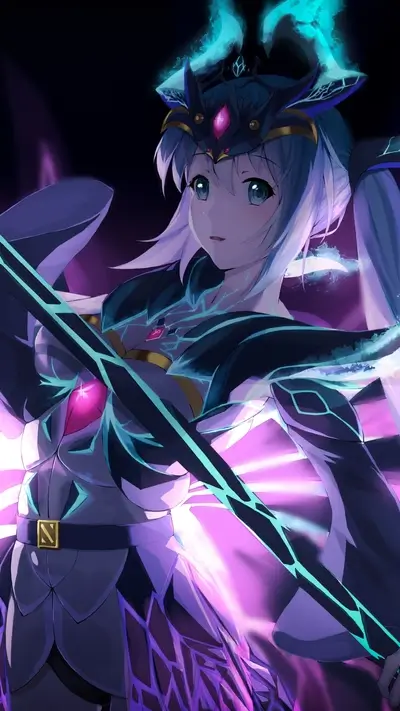 Anime girl with a sword, adorned with headpiece and glowing elements