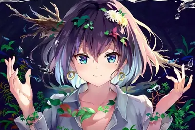 Anime girl with aquatic plants and fish