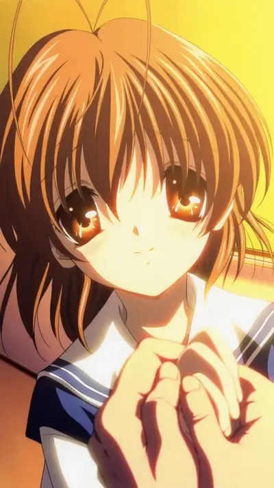 Anime girl with big eyes, holding hands, and in a school uniform
