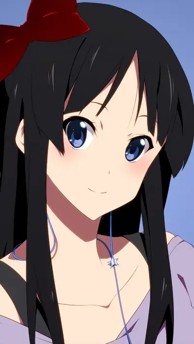 Anime girl with black hair and blue eyes wearing a red bow
