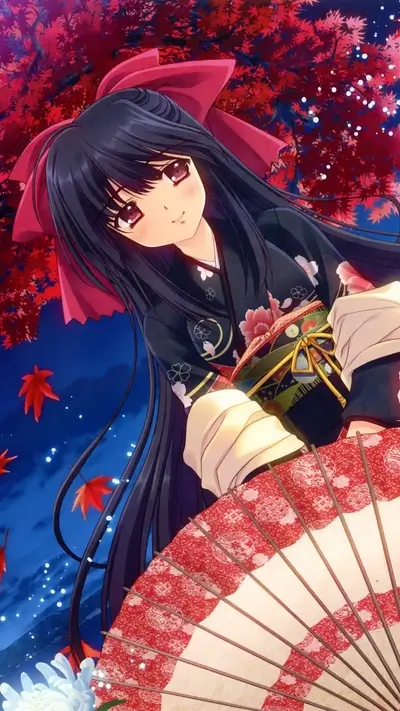 Anime girl with black hair and red bow, holding an umbrella