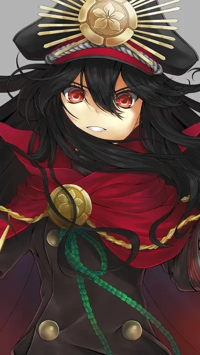 Anime girl with black hair and red cloak