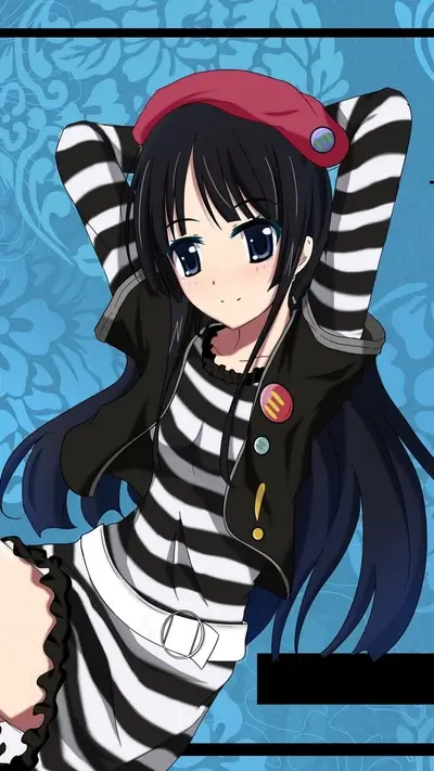 Anime girl with black hair, red beret, and striped outfit