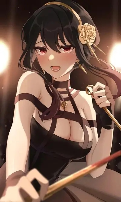 Anime girl with black hair, rose, and dress