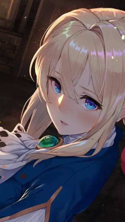 Anime girl with blonde hair and blue eyes looking up