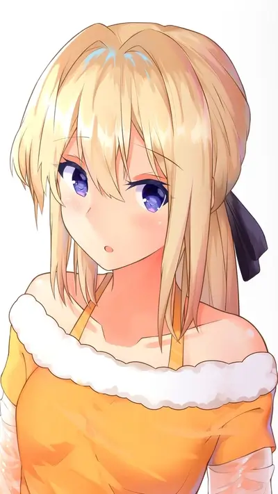 Anime girl with blonde hair and blue eyes, wearing yellow top