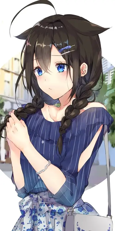 Anime girl with blue eyes and braided hair wearing a blue dress