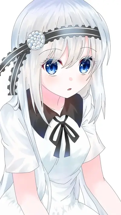 Anime girl with blue eyes and white hair wearing a headband.