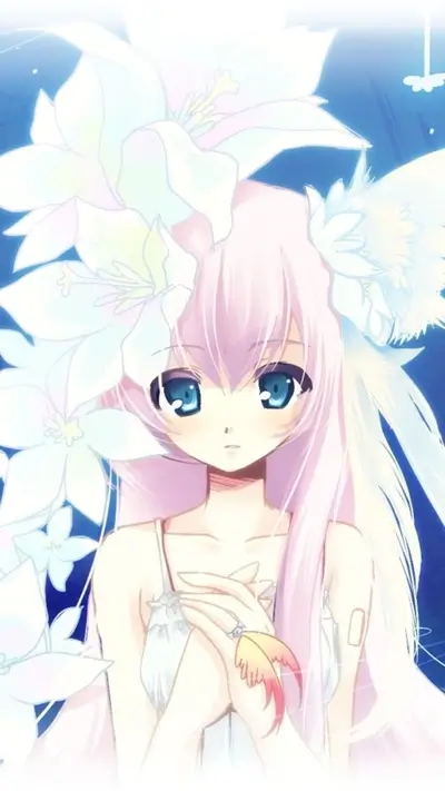 Anime girl with blue eyes, light pink hair, and white flowers